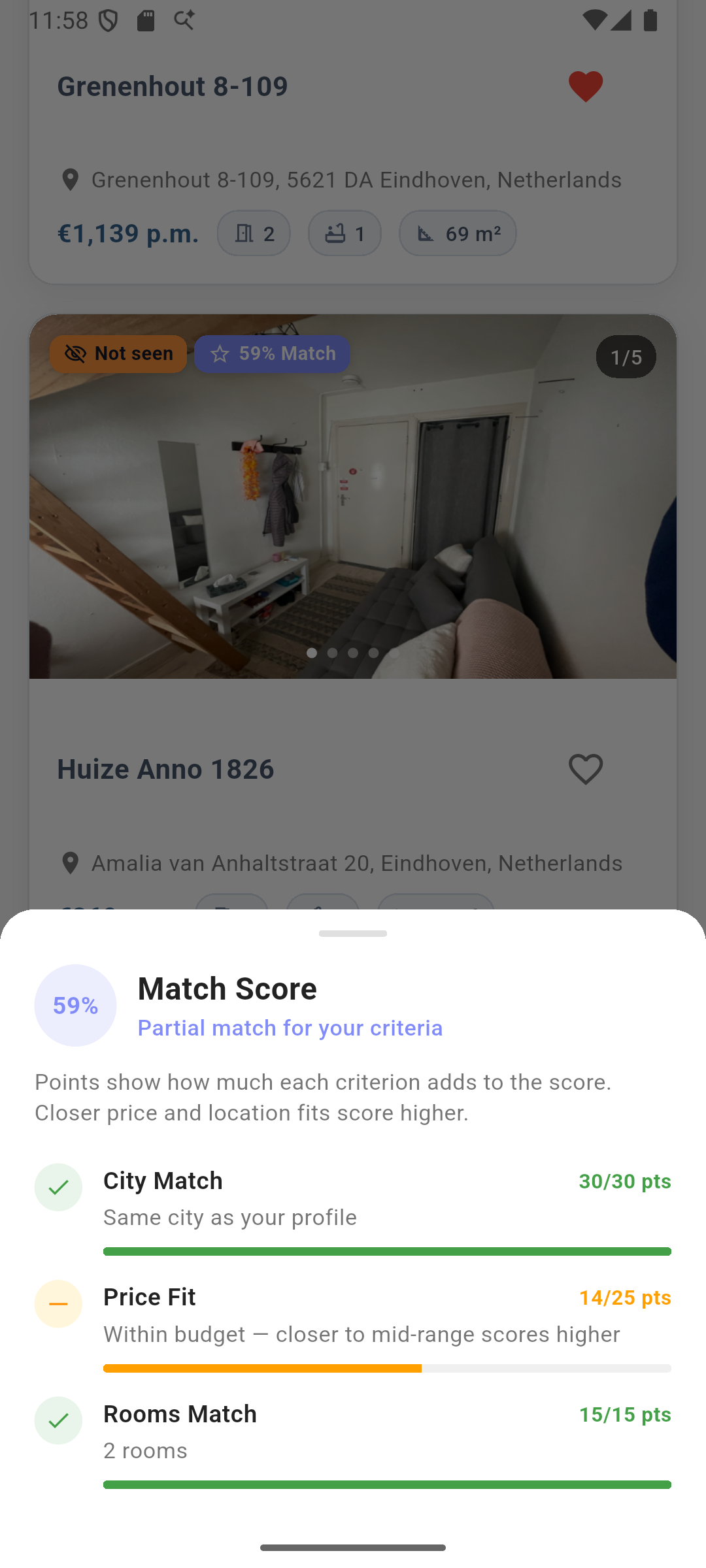 HubSnap match score breakdown for a listing